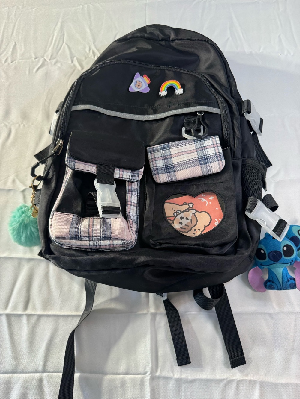 Kids Black Backpack with Pink Plaid Accents